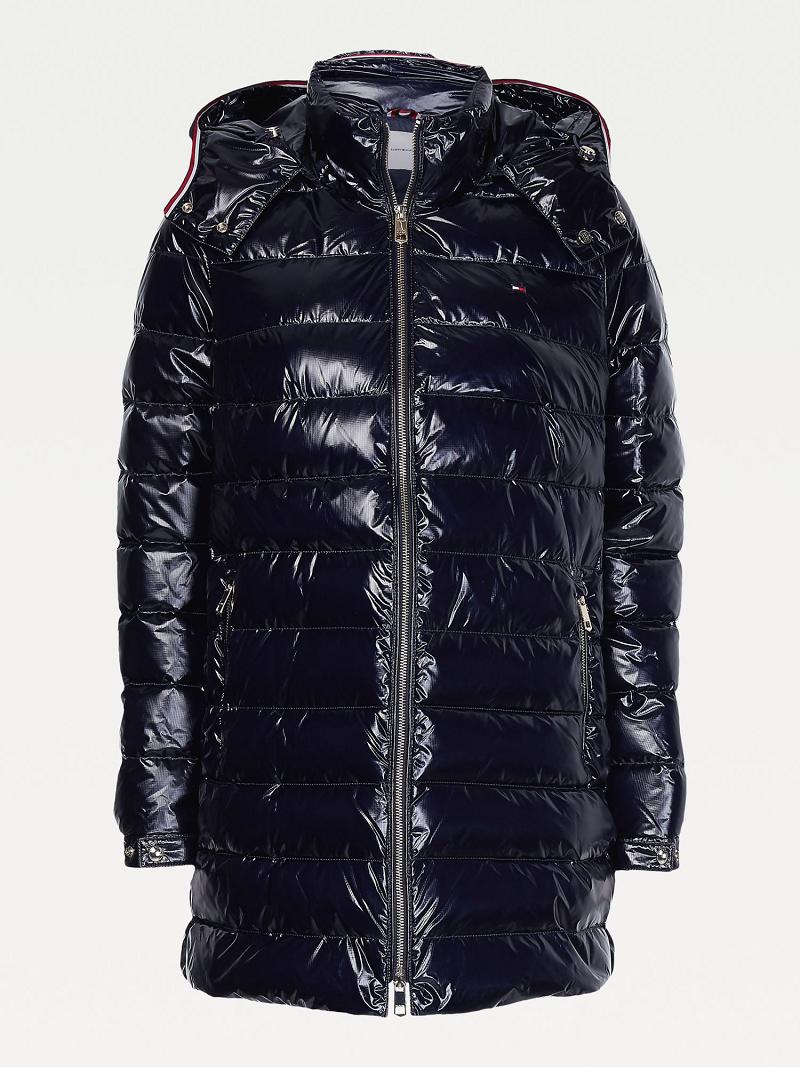 Női Tommy Hilfiger Glossy Csuklyás Puffer Kabátok Sötétkék | HU 31ILH